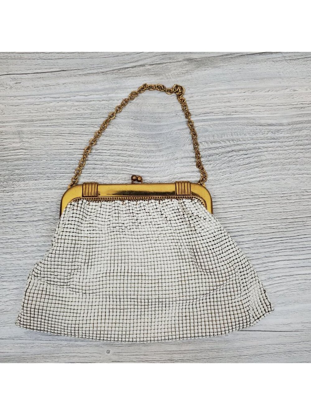 Vintage Whiting & Davis 30's/40's gold and cream enameled mini handbag